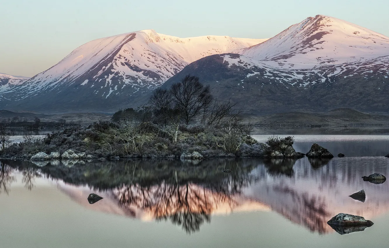 Фото обои pink, winter, mountain, sunrise, Scotland, Glencoe, Lochan