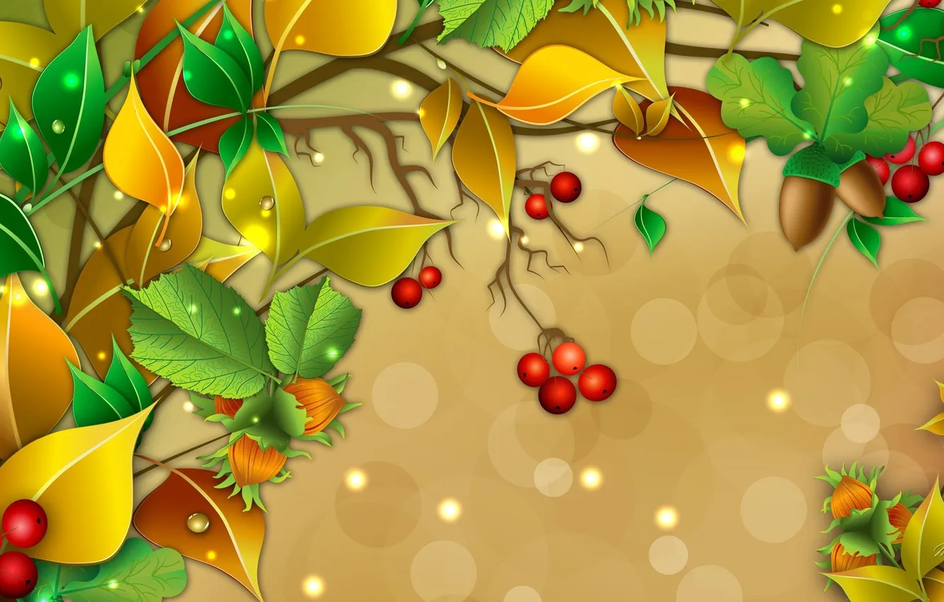 Фото обои листья, ягоды, вектор, ветка, орехи