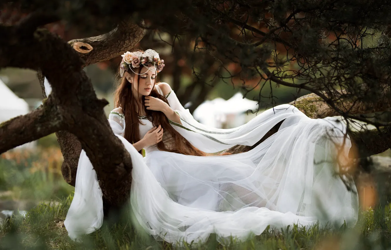 Фото обои лето, девушка, цветы, ветки, природа, поза, стиль, дерево