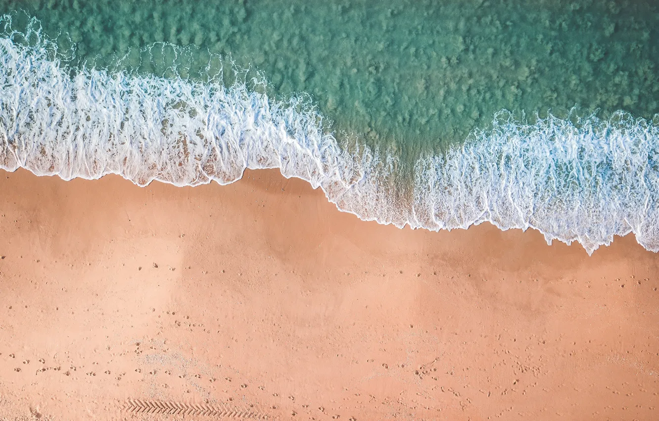 Фото обои Песок, Океан, Море, Пляж, Берег, Вид сверху