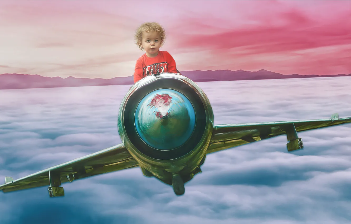 Фото обои небо, полет, самолет, рендеринг, ребенок, мальчик, малыш, пилот