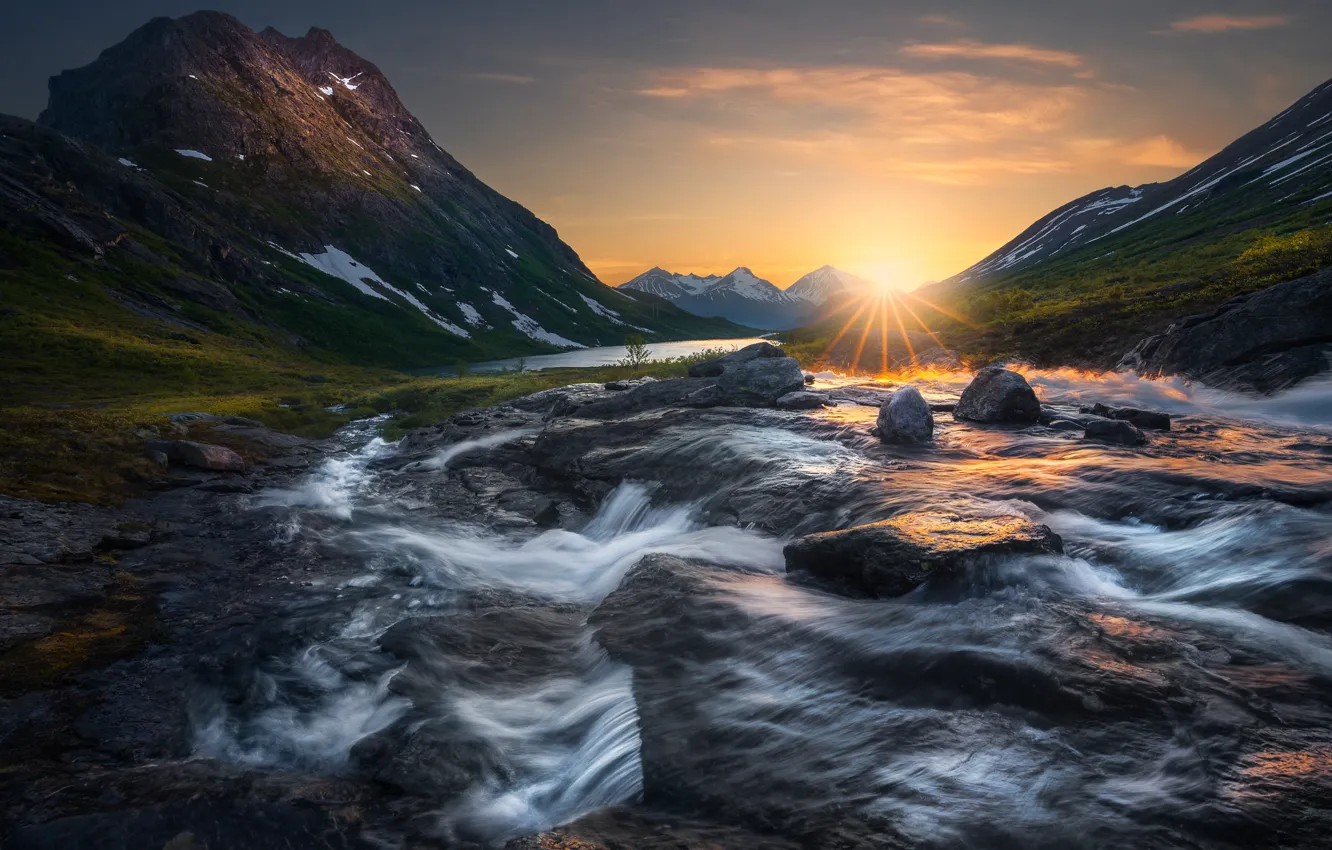 Фото обои горы, река, восход, рассвет, Норвегия, Norway, Romsdalen Valley, Долина Ромсдален