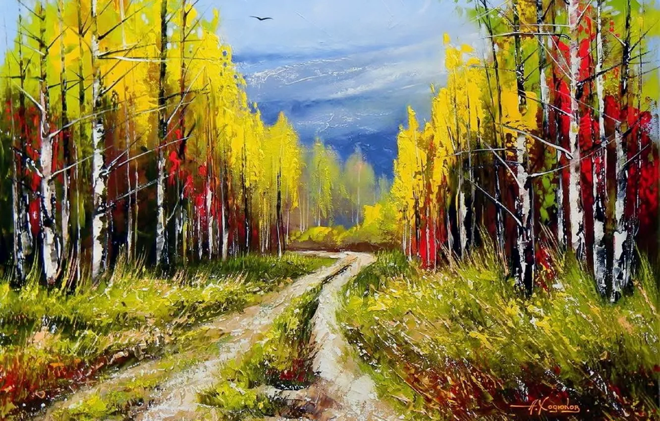 Фото обои дорога, осень, лес, небо, пейзаж, птицы, природа, картина