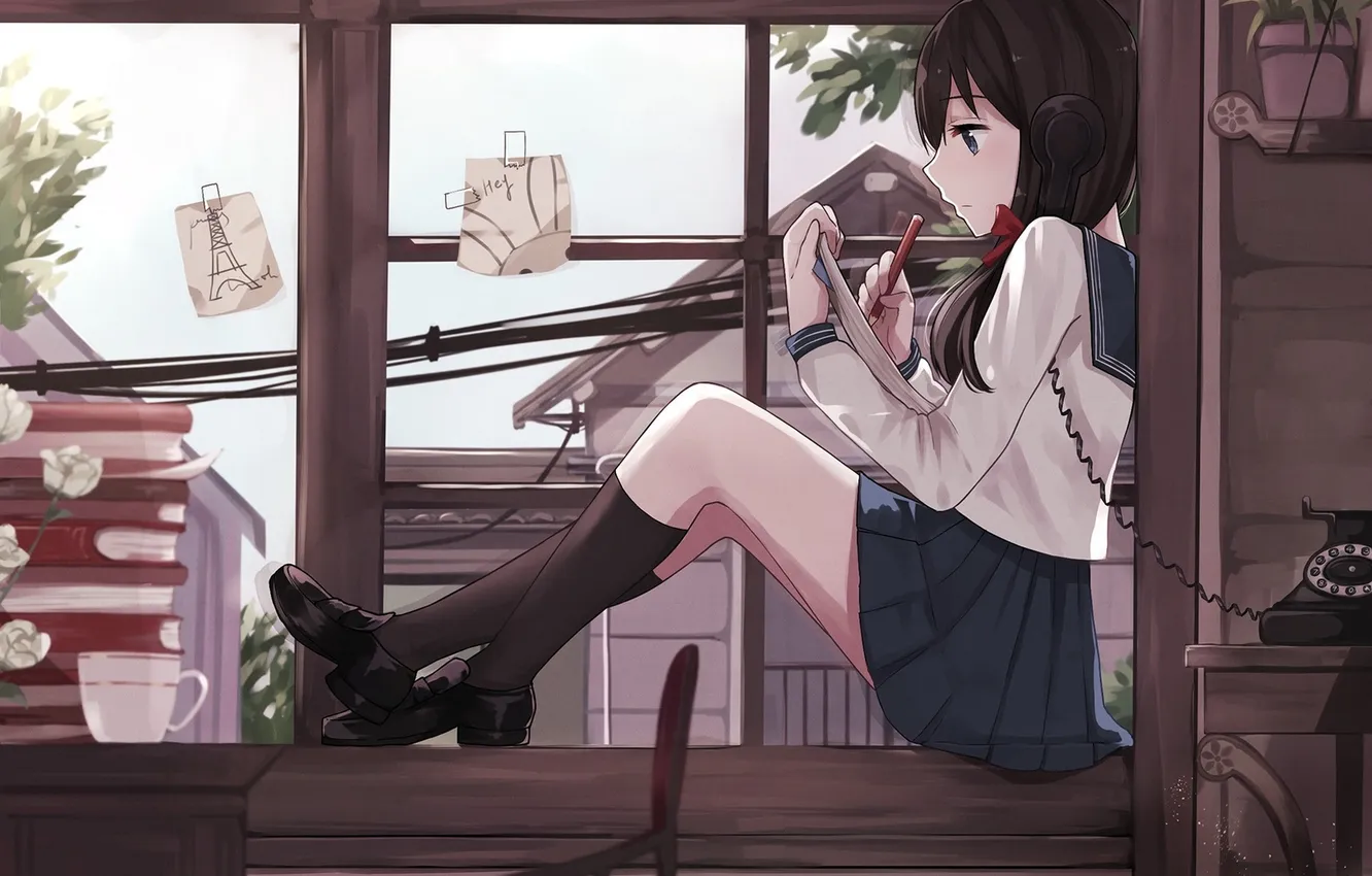 Фото обои девушка, аниме, окно, арт, телефон, карандаш, форма, школьница