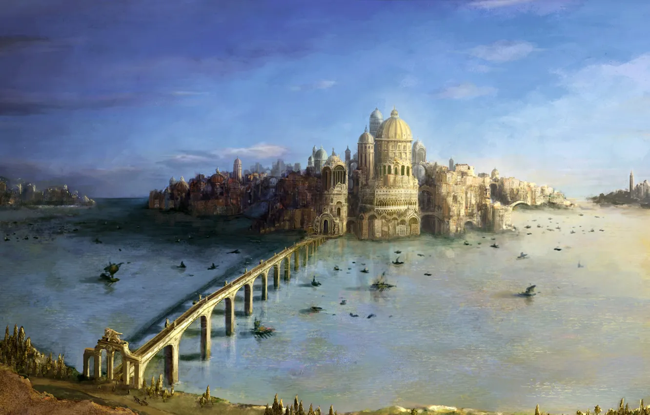 Фото обои вода, мост, озеро, замок, корабли, арт, крепость, арки