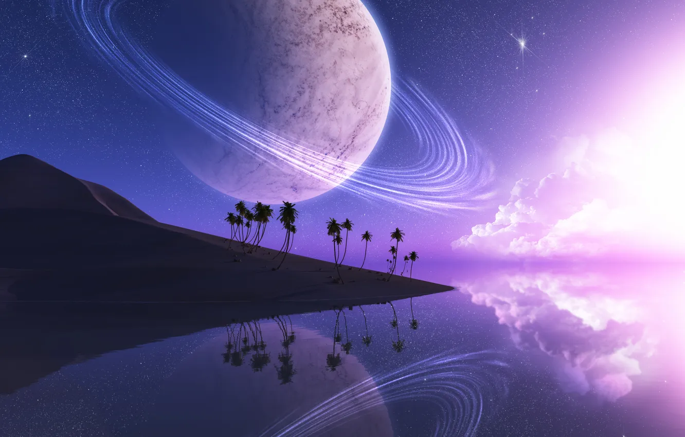 Фото обои песок, небо, вода, облака, отражение, пальмы, фантастика, планета