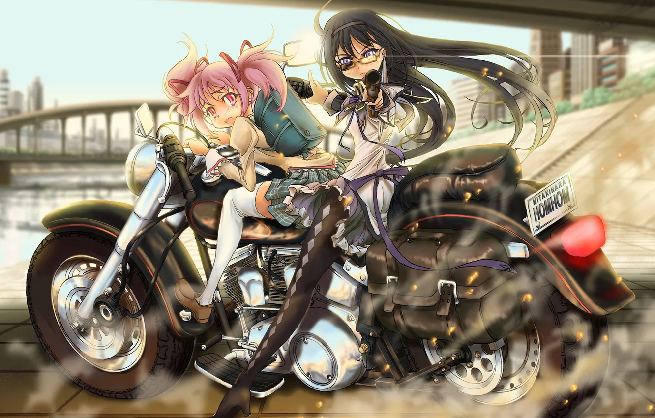 Фото обои девушки, аниме, мотоцикл, madoka magica