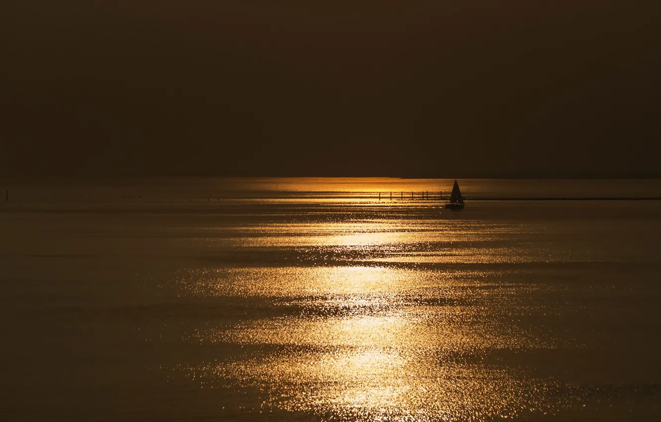 Фото обои море, ночь, лодка, парус