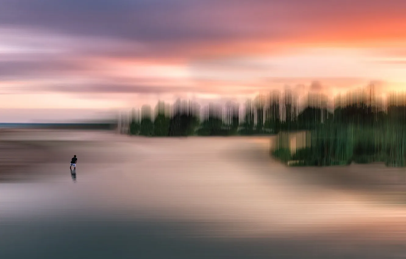 Фото обои пейзаж, закат, озеро, человек