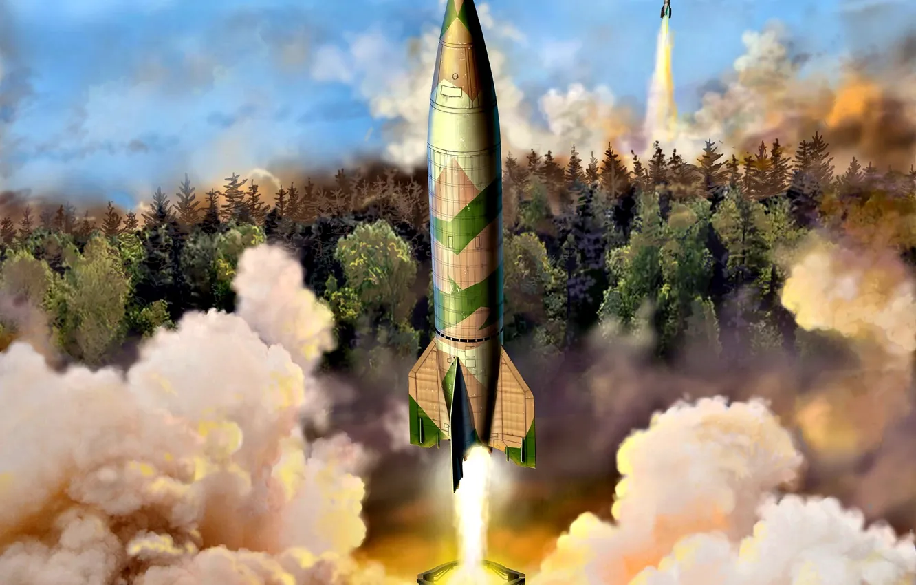 Фото обои Дым, Германия, Лес, Баллистическая ракета, оружие возмездия, Vergeltungswaffe-2, ФАУ-2, Старт ракеты