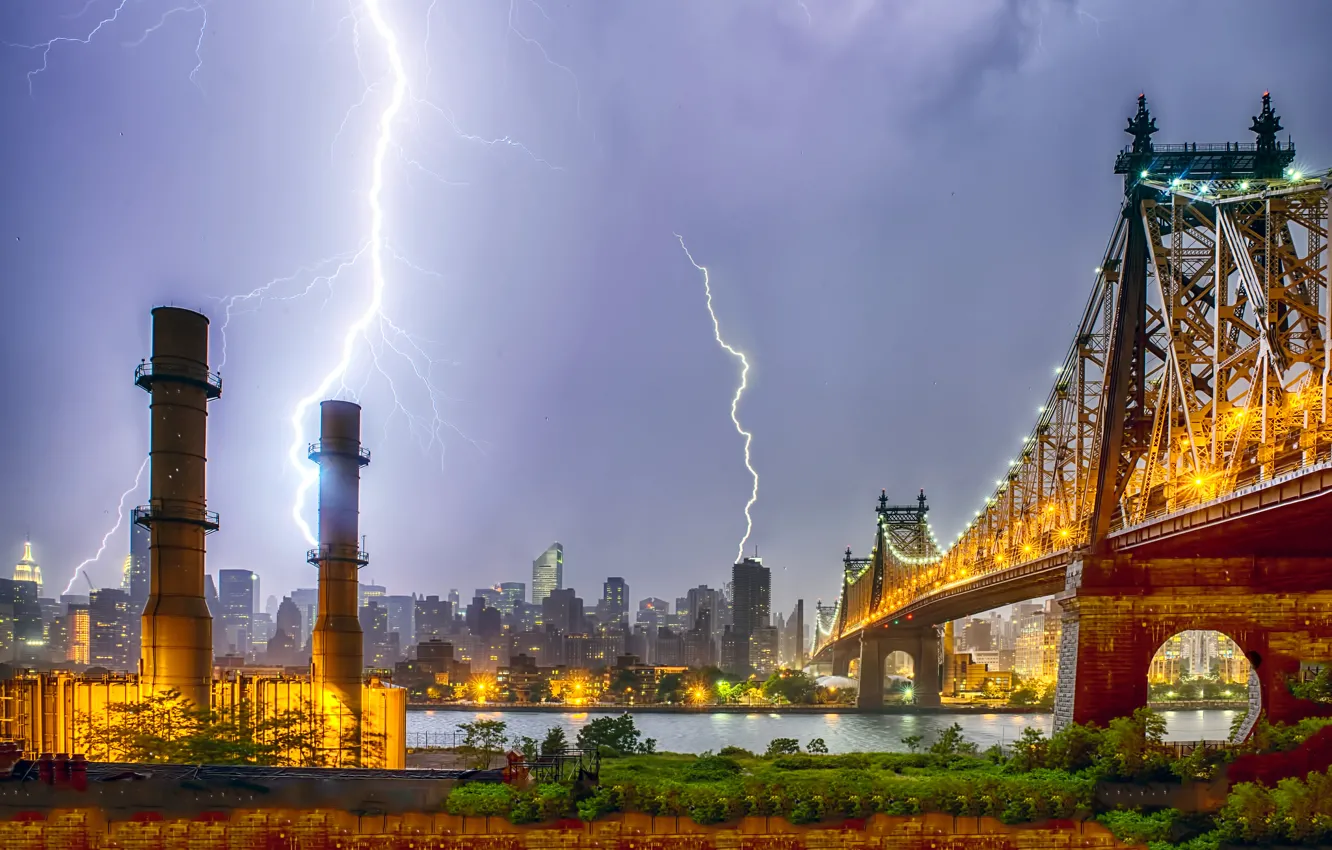 Фото обои гроза, ночь, огни, молния, Нью-Йорк, США