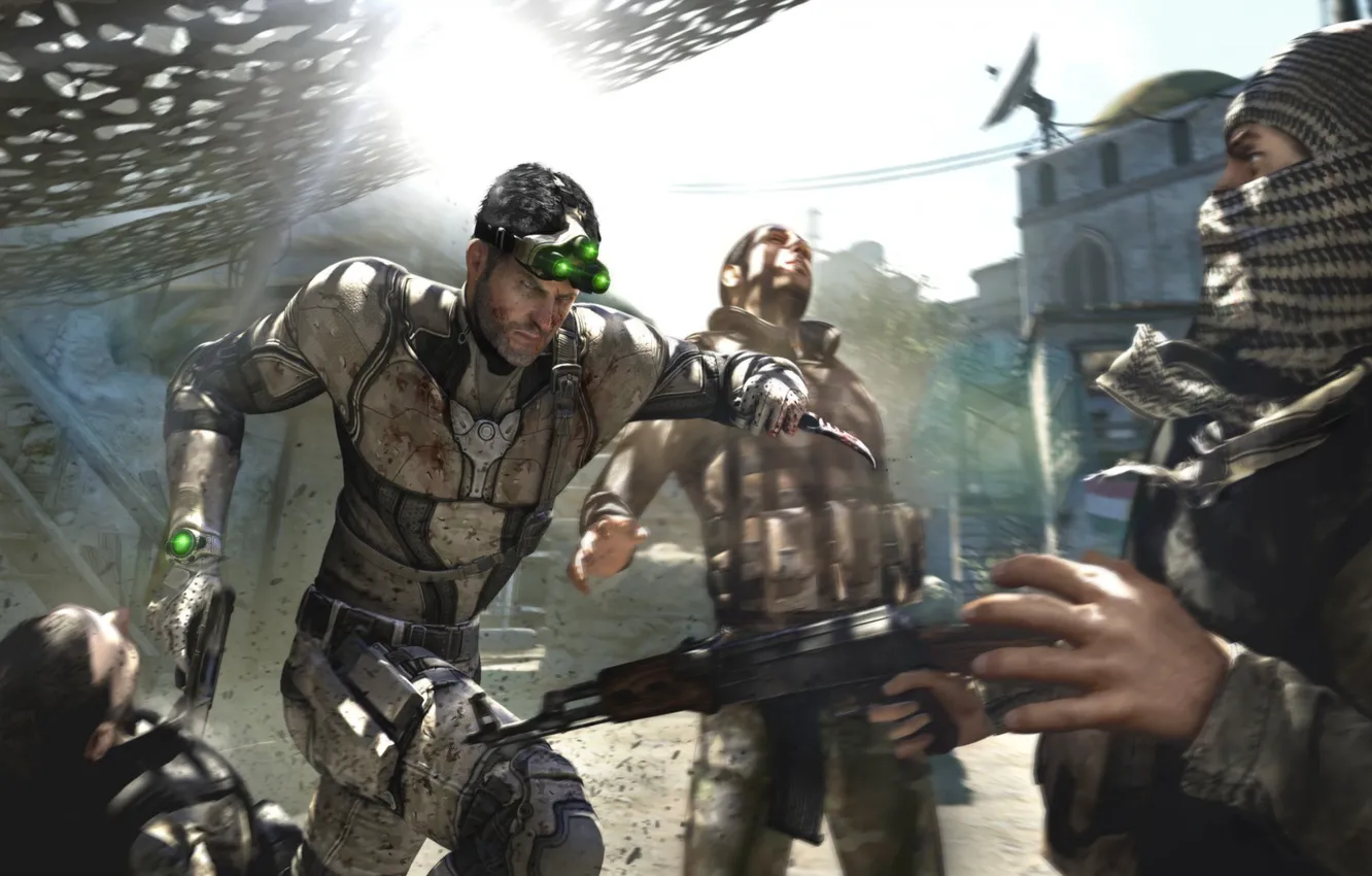 Фото обои Нож, Кровь, Бойня, Сэм Фишер, АК-47, Tom Clancy's, Splinter Cell Blacklist, Террористы