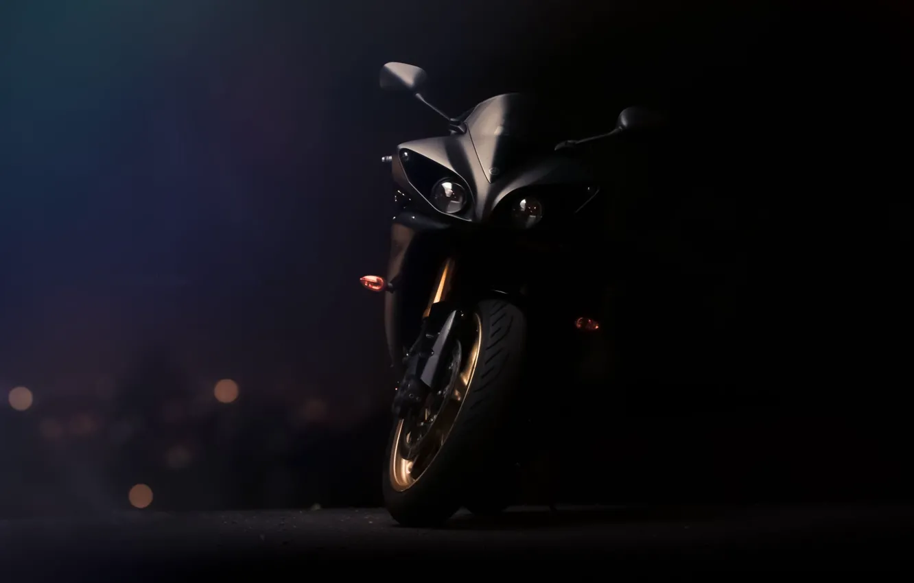Фото обои чёрный, фары, мотоцикл, суперспорт, black, вид спереди, yamaha, bike