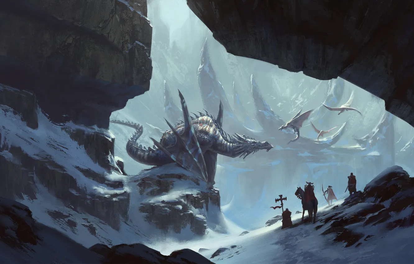 Фото обои снег, горы, скалы, дракон, арт