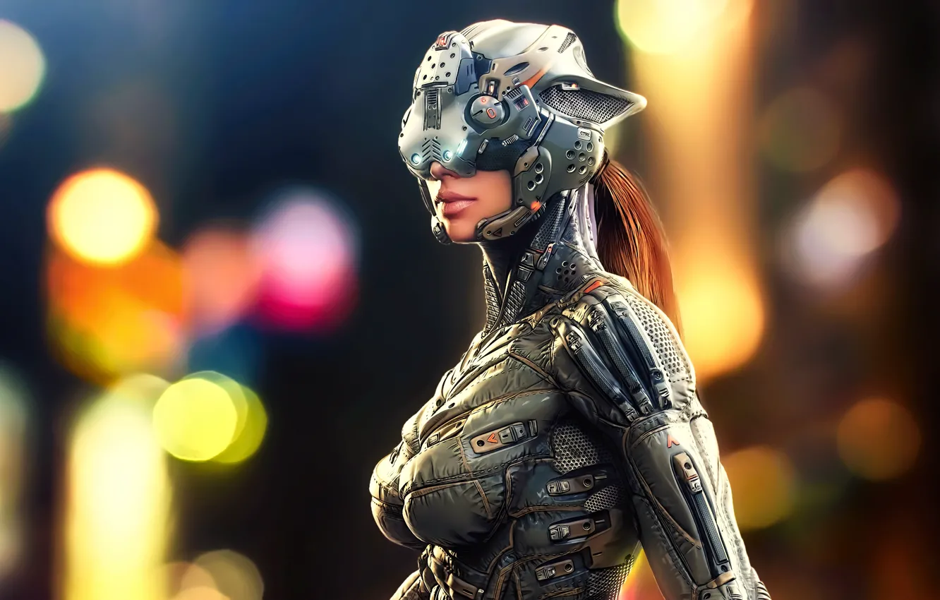Фото обои будущее, технологии, future, шлем, киборг, снаряжение, размытый фон, cyborg