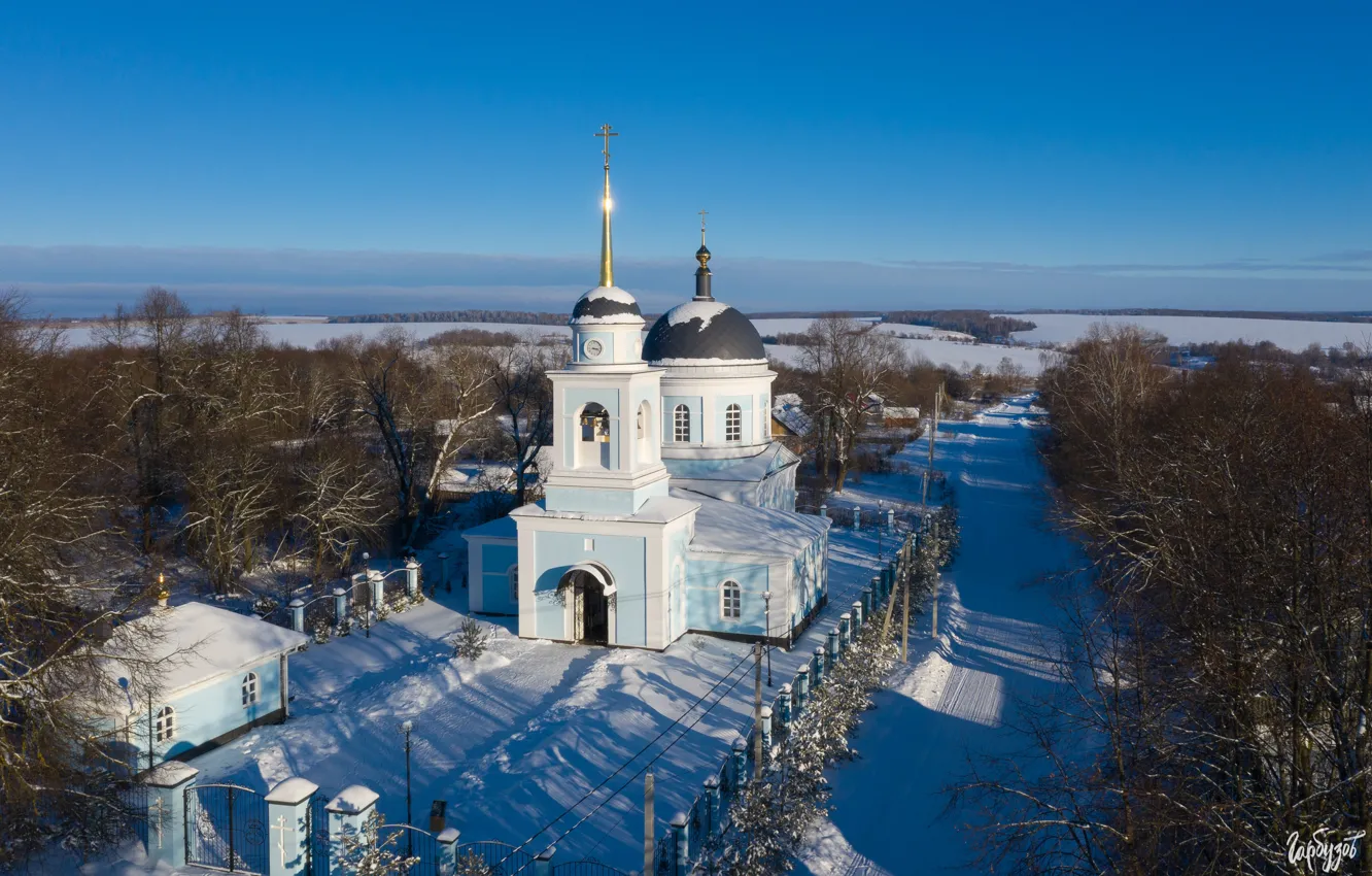 Фото обои зима, снег, пейзаж, село, церковь, Илья Гарбузов, Сомово