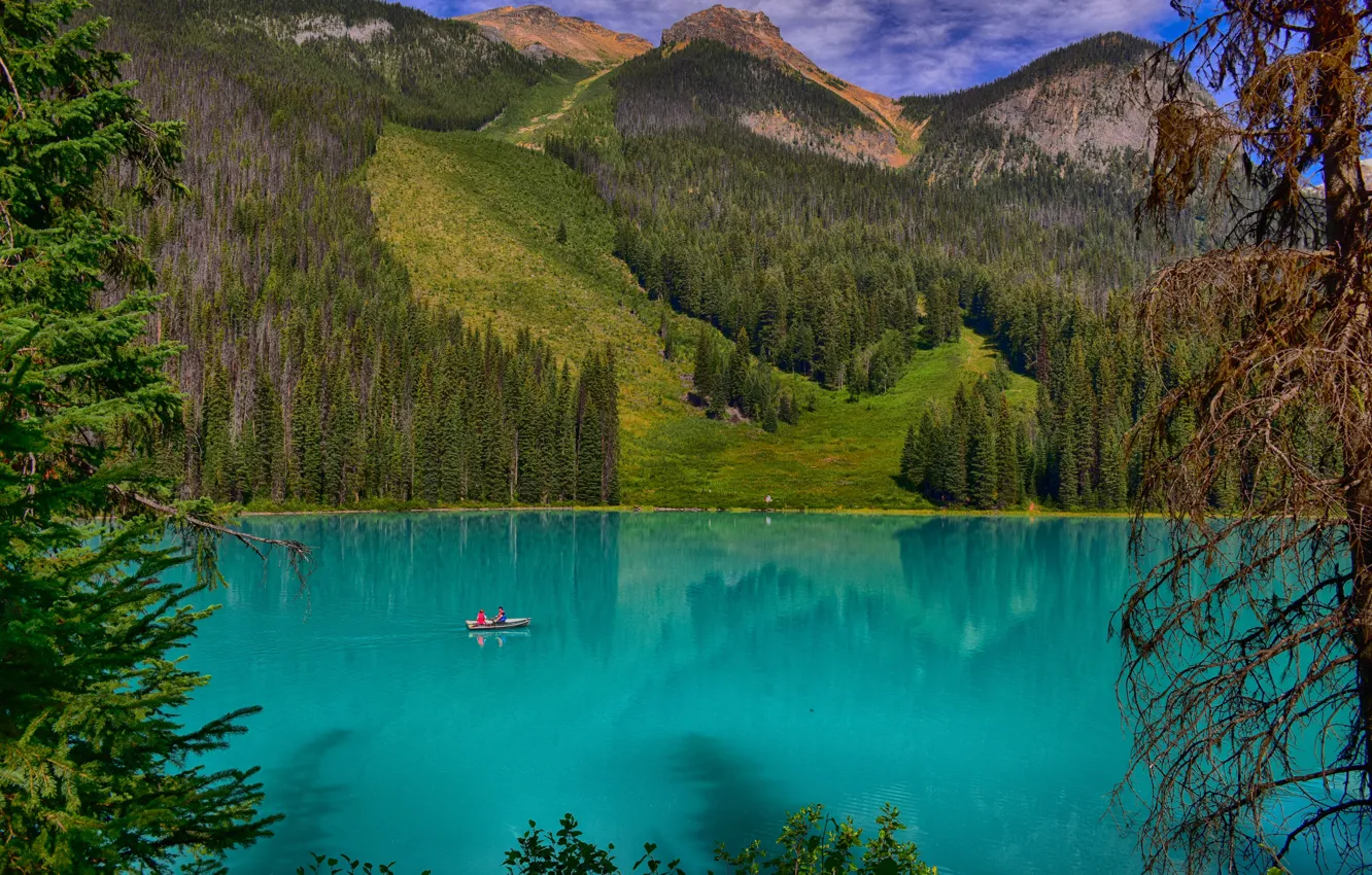 Фото обои зелень, лес, солнце, деревья, горы, озеро, скалы, лодка