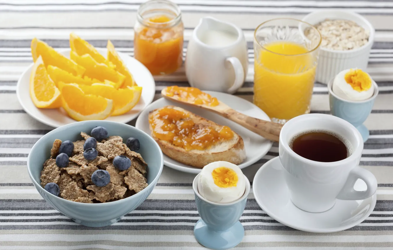 Фото обои яйцо, кофе, апельсин, завтрак, молоко, сок, джем, хлопья