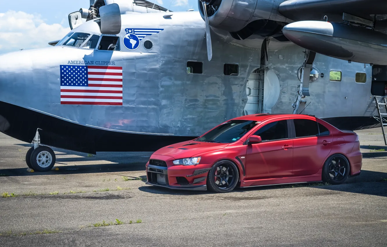 Фото обои красный, самолет, red, mitsubishi, plane, митсубиши, лансер эволюшен, lancer evolution