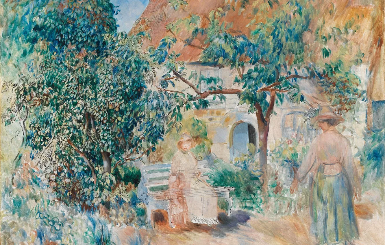 Фото обои пейзаж, дом, картина, двор, скамья, 1886, Пьер Огюст Ренуар, Pierre Auguste Renoir