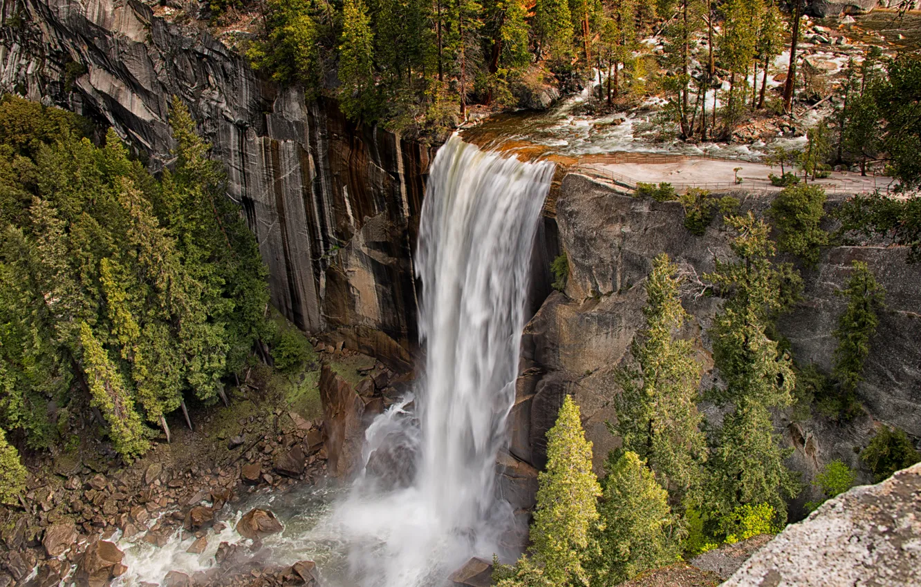 Фото обои лес, деревья, скала, камни, водопад, Калифорния, USA, США