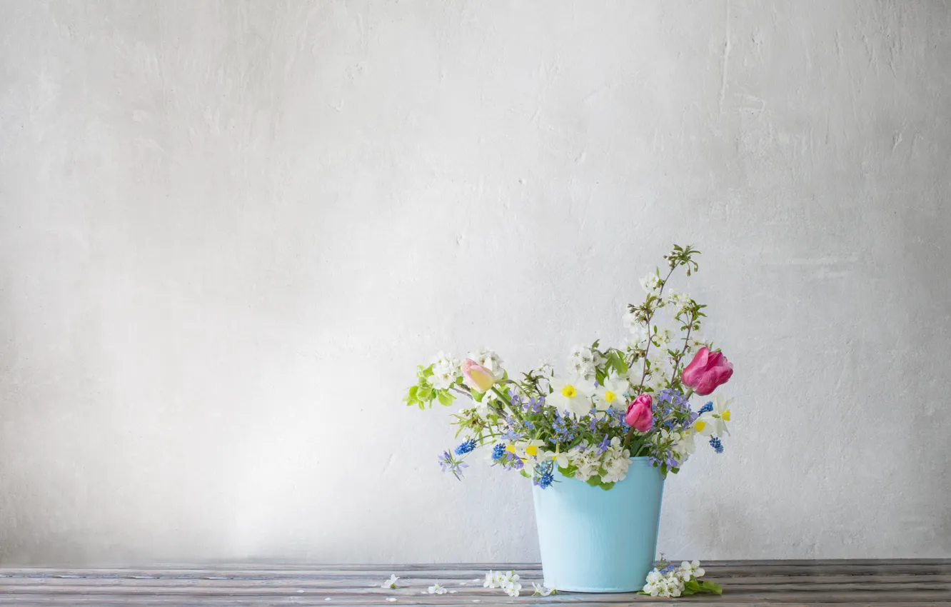 Фото обои цветы, голубое, ведерко, весенние, Maya Kruchenkova