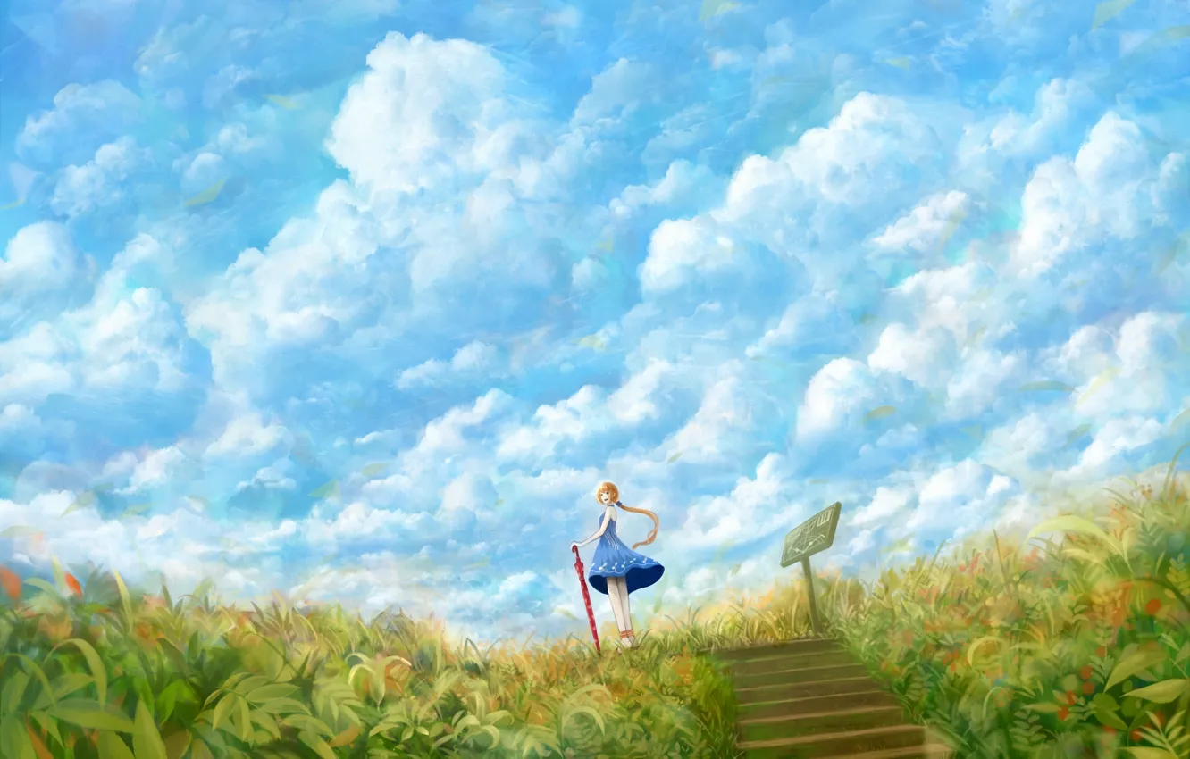 Фото обои поле, небо, трава, девушка, облака, зонтик, ветер, табличка