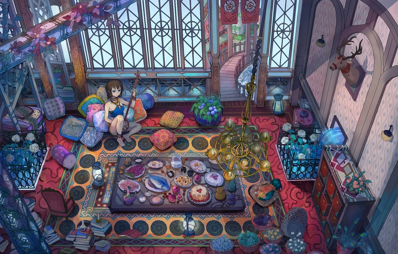 Фото обои девушка, цветы, стол, комната, узор, лампа, еда, интерьер