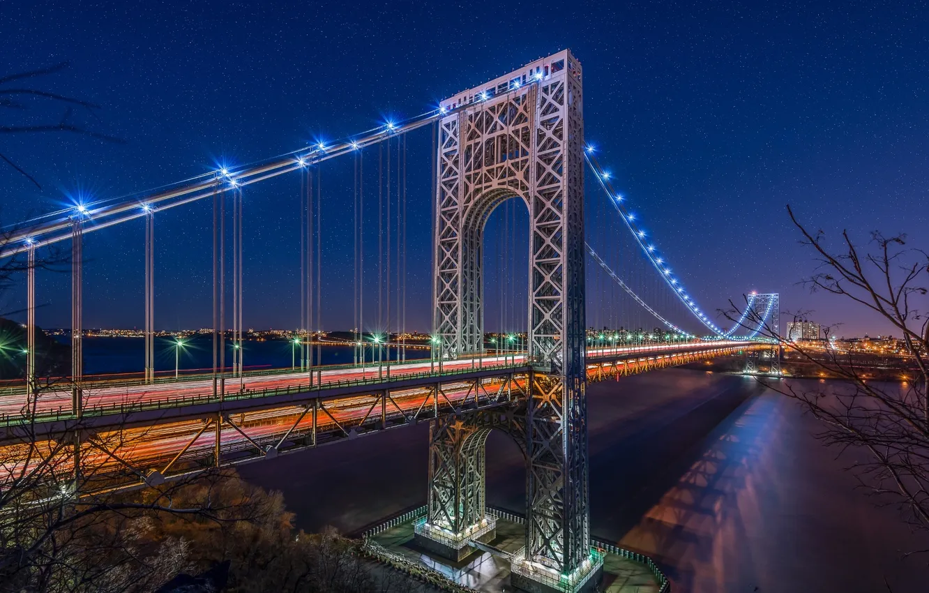 Фото обои звезды, ночь, мост, город, огни, река, Нью-Йорк, подсветка