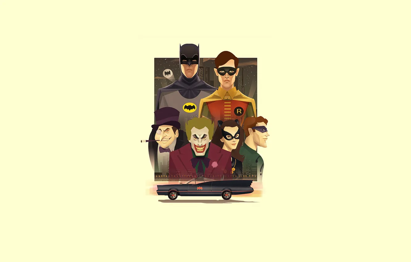 Фото обои Минимализм, Арт, Batman, Joker, Robin, Retro, Penguin, Batman 60s