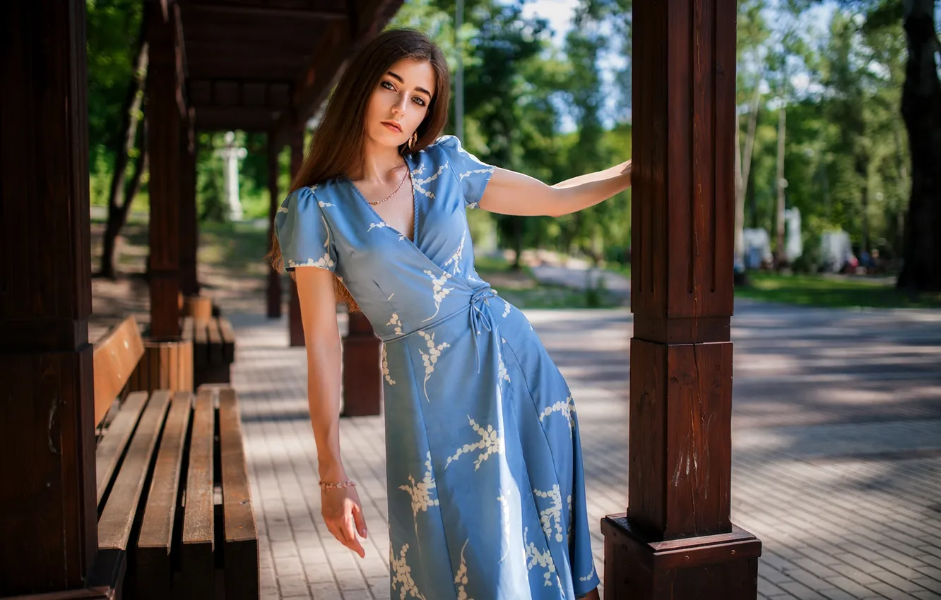 Фото обои взгляд, девушка, поза, руки, платье, длинные волосы, Дмитрий Шульгин