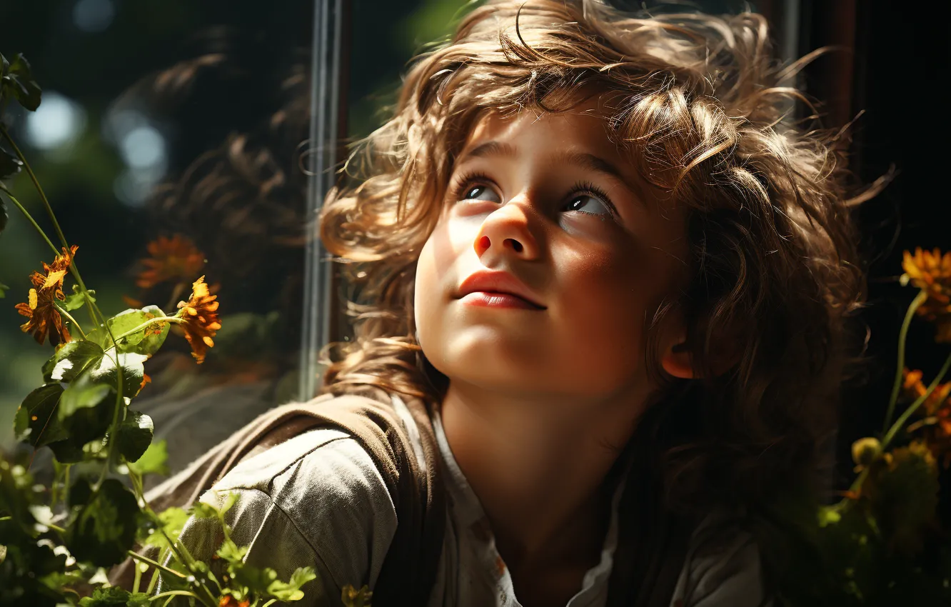 Фото обои взгляд, свет, цветы, ребенок, портрет, мальчик, кудри, смотрит вверх