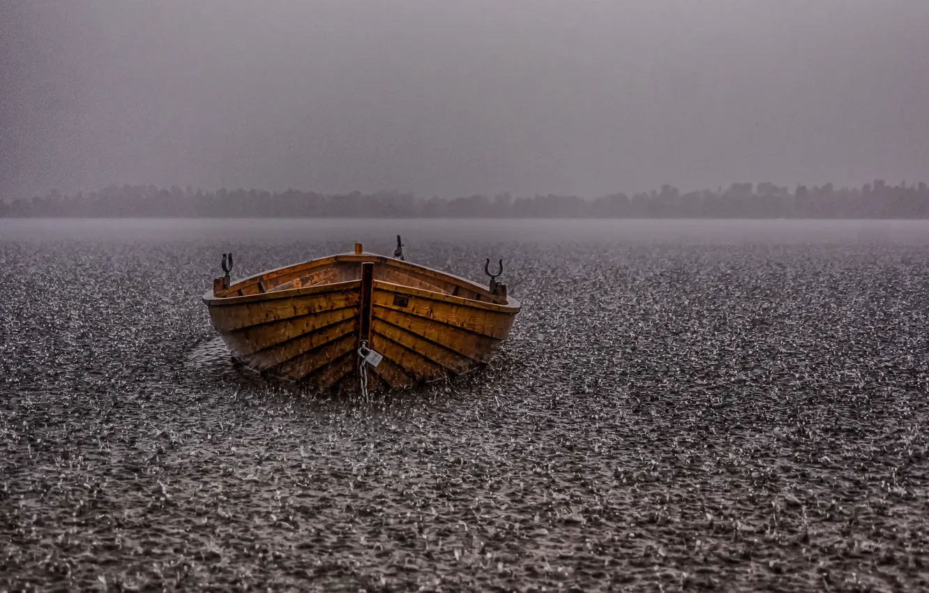 Фото обои озеро, дождь, лодка