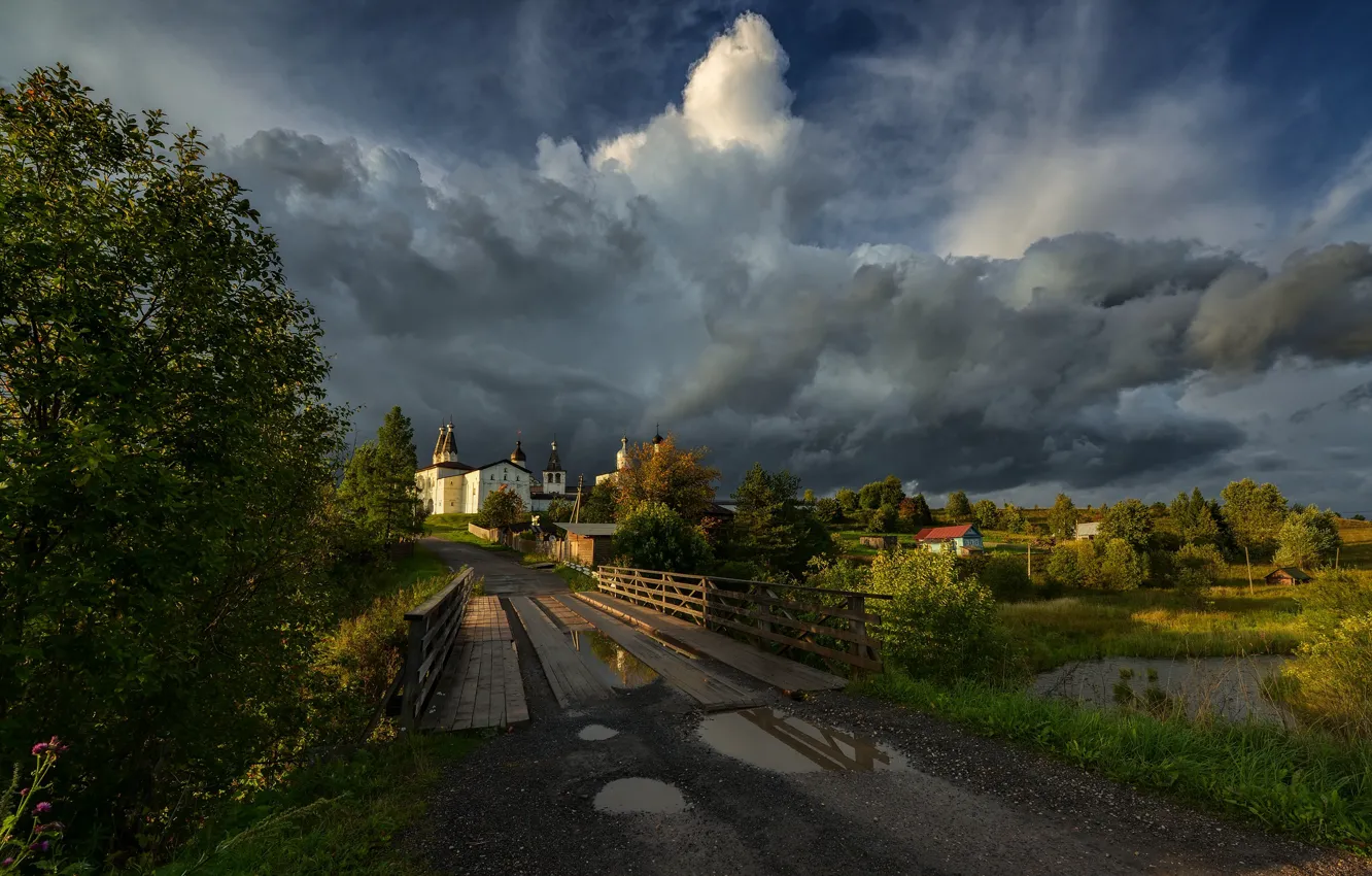 Фото обои пейзаж, тучи, мост, природа, вечер, монастырь, Максим Евдокимов