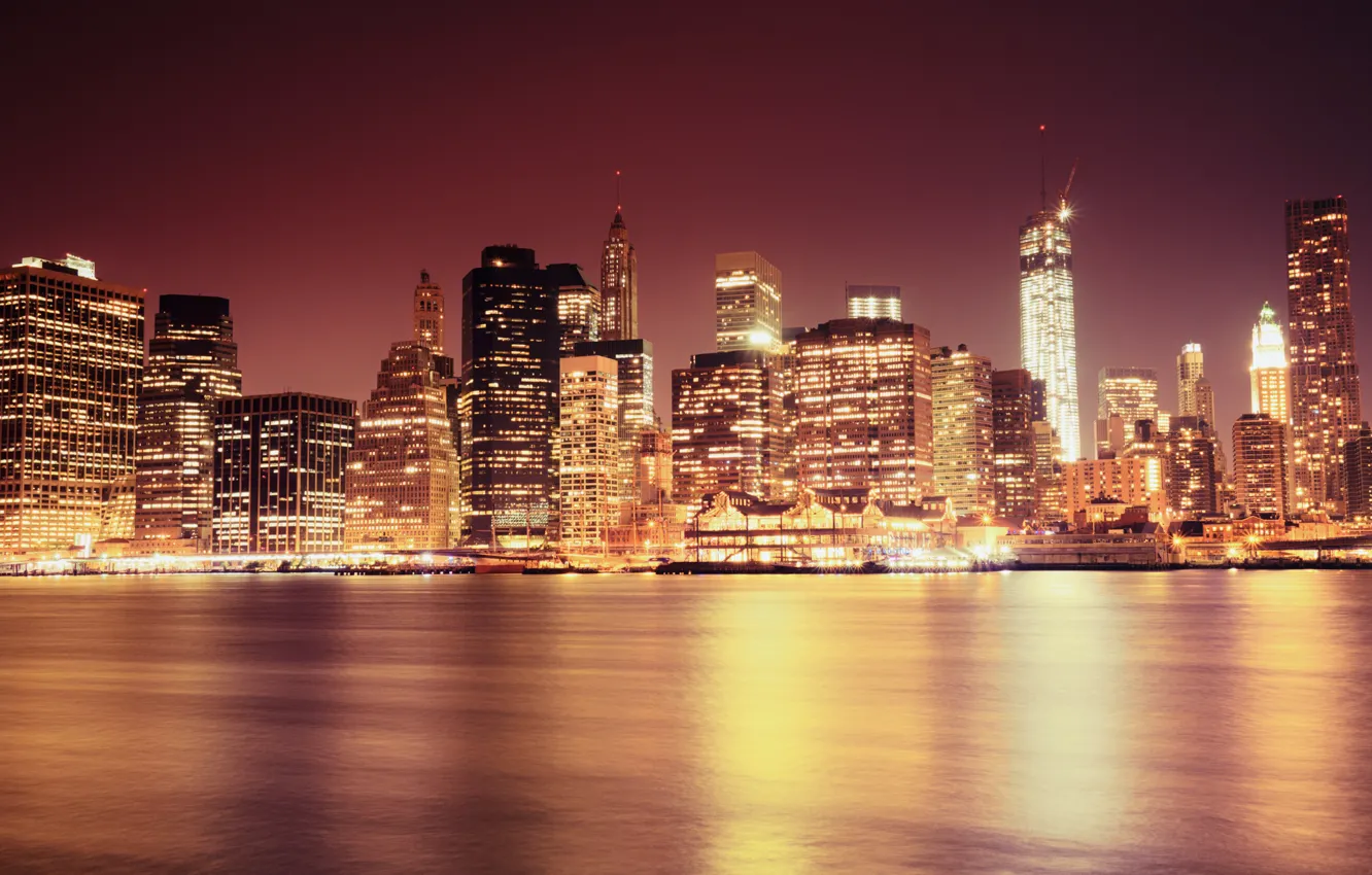Фото обои свет, город, огни, пролив, здания, дома, Нью-Йорк, небоскребы