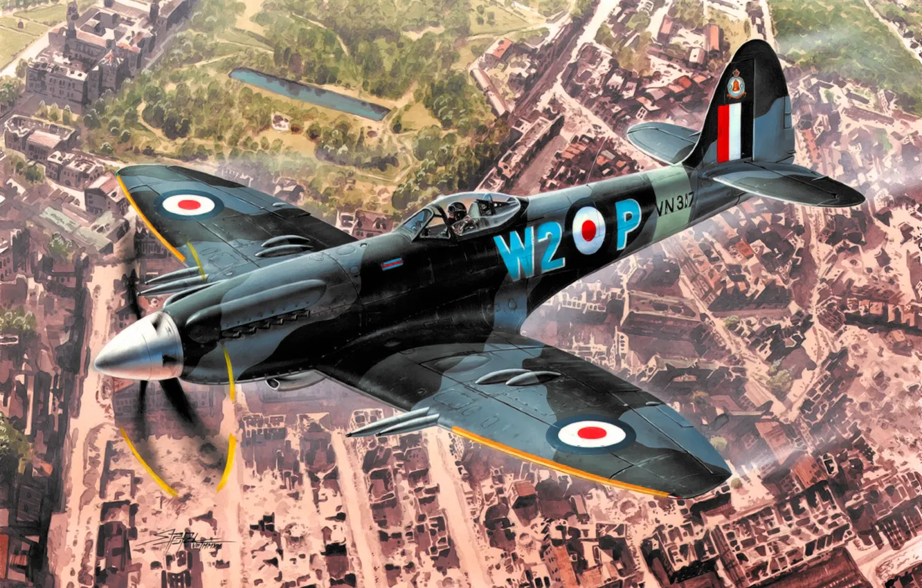 Фото обои war, art, airplane, painting, ww2, british fighter, Supermarine Spitfire Mk.24, griffon engine