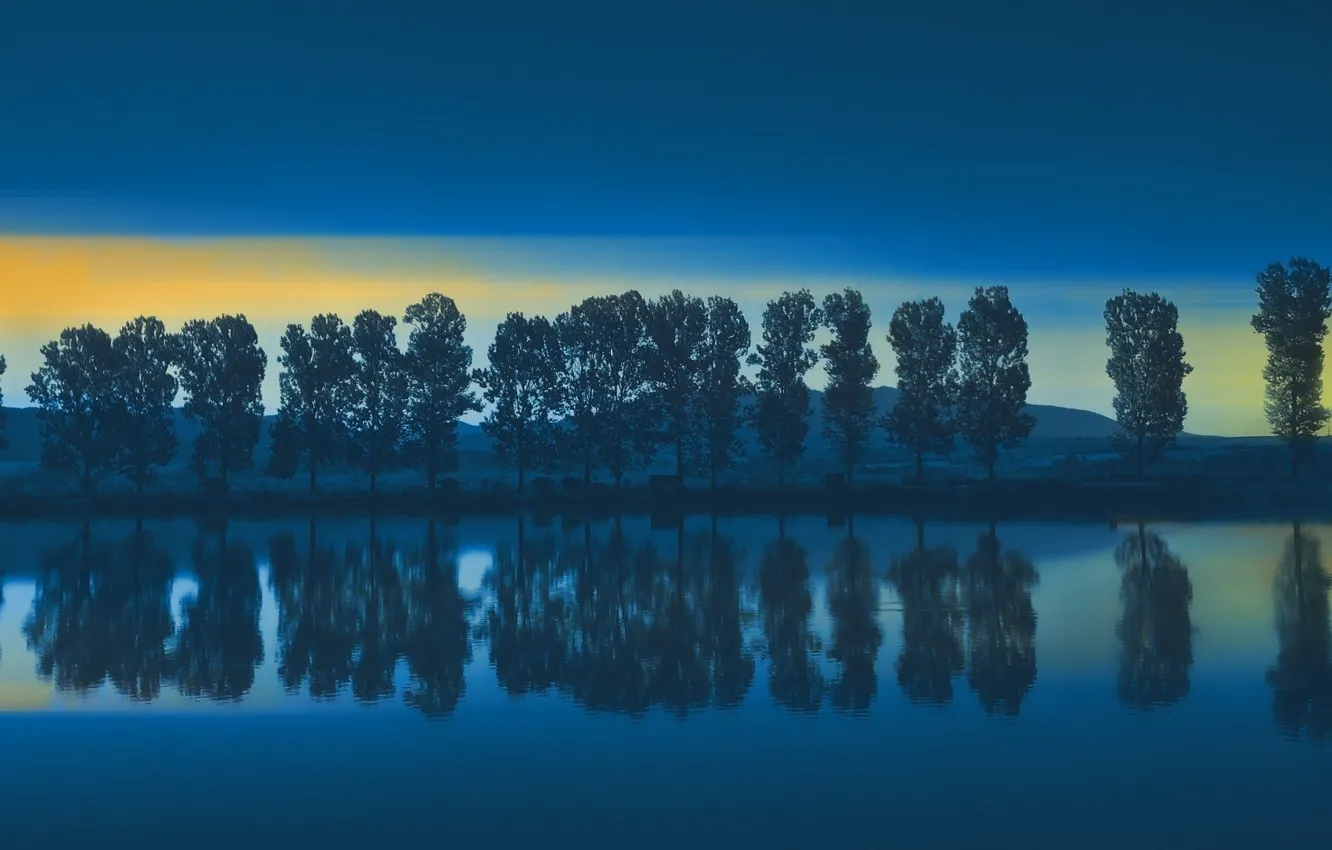 Фото обои деревья, отражение, река, берег, утро