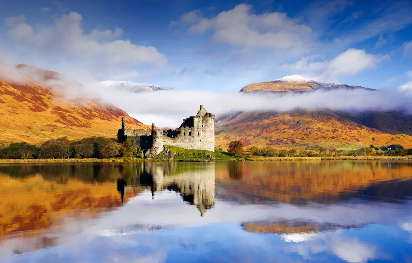 Фото обои облака, горы, отражение, Шотландия, замок Килхурн, Аргайл-энд-Бьют, озеро Эйв