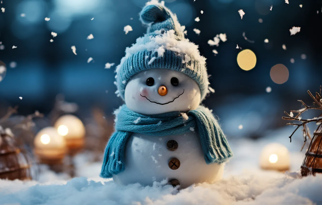Фото обои зима, снег, Новый Год, Рождество, снеговик, happy, Christmas, night
