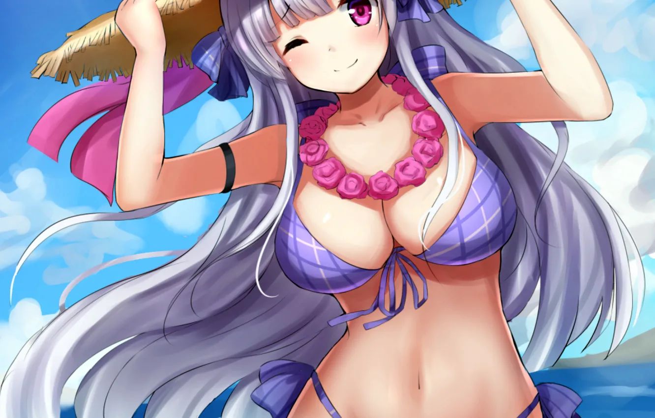 Фото обои girl, sexy, cleavage, long hair, sea, boobs, anime, beautiful