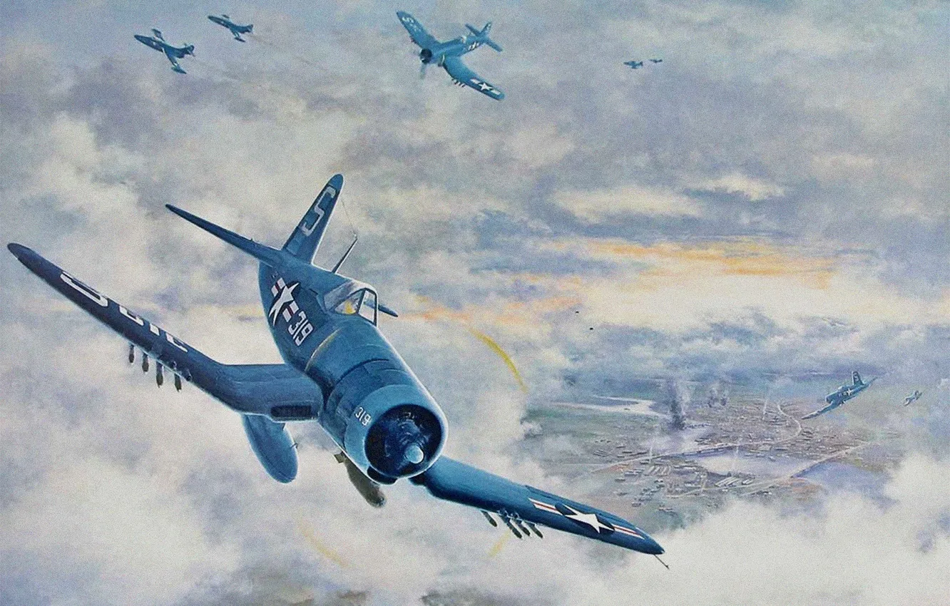 Фото обои aircraft, war, corsair, airplane, aviation, dogfight, corea war