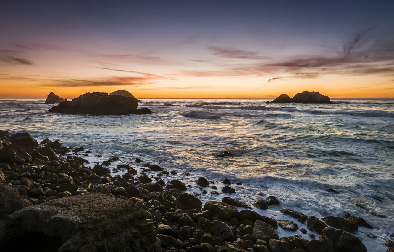 Фото обои закат, камни, океан, скалы