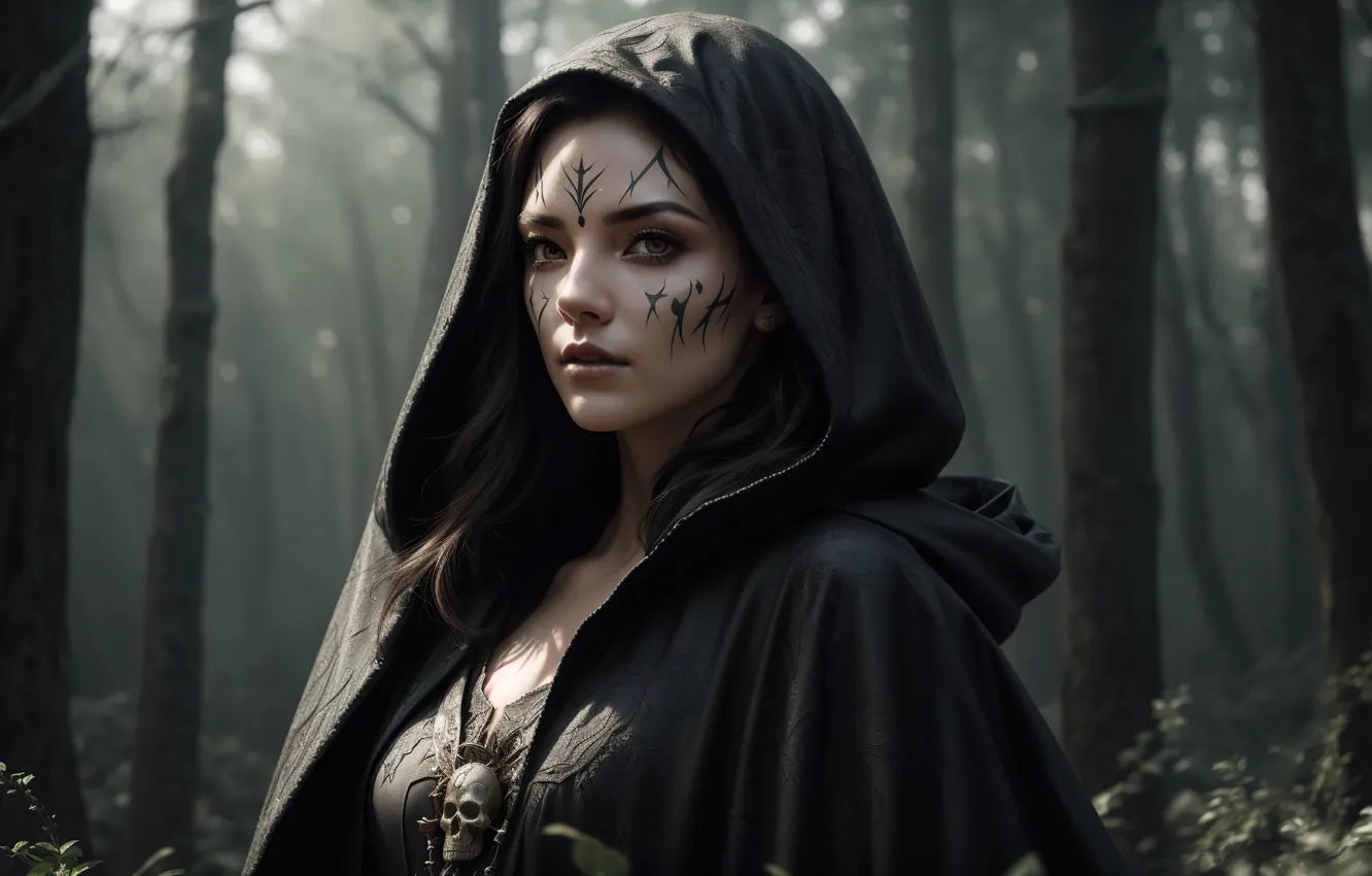 Фото обои girl, fantasy, nature, art, digital art, fantasy art, witch, hood