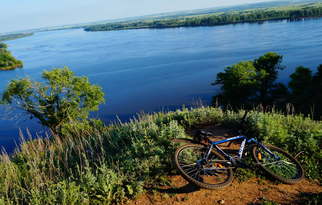 Фото обои river, bike, nature, tree, hill