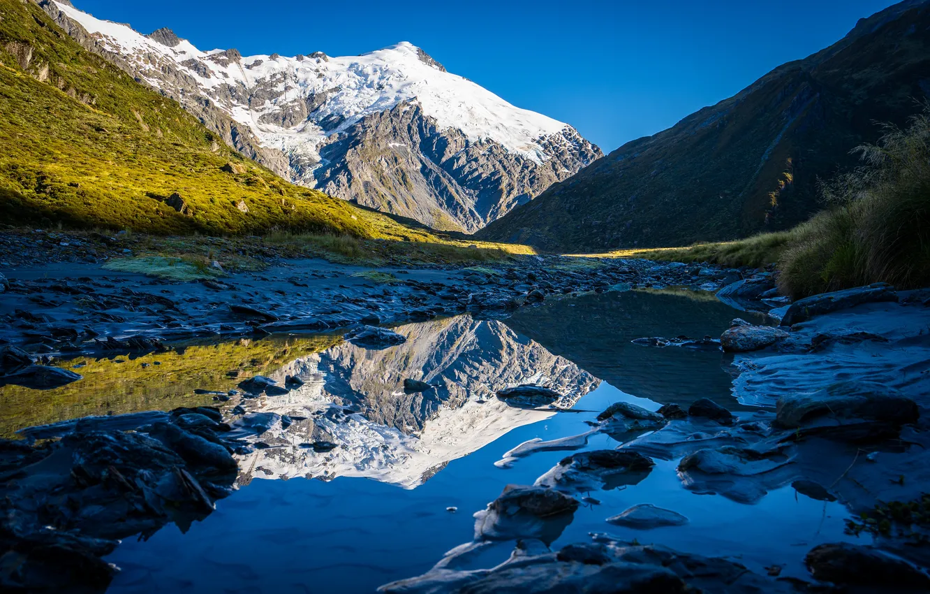 Фото обои Горы, Озеро, Новая Зеландия, Пейзаж, Dart Glacier