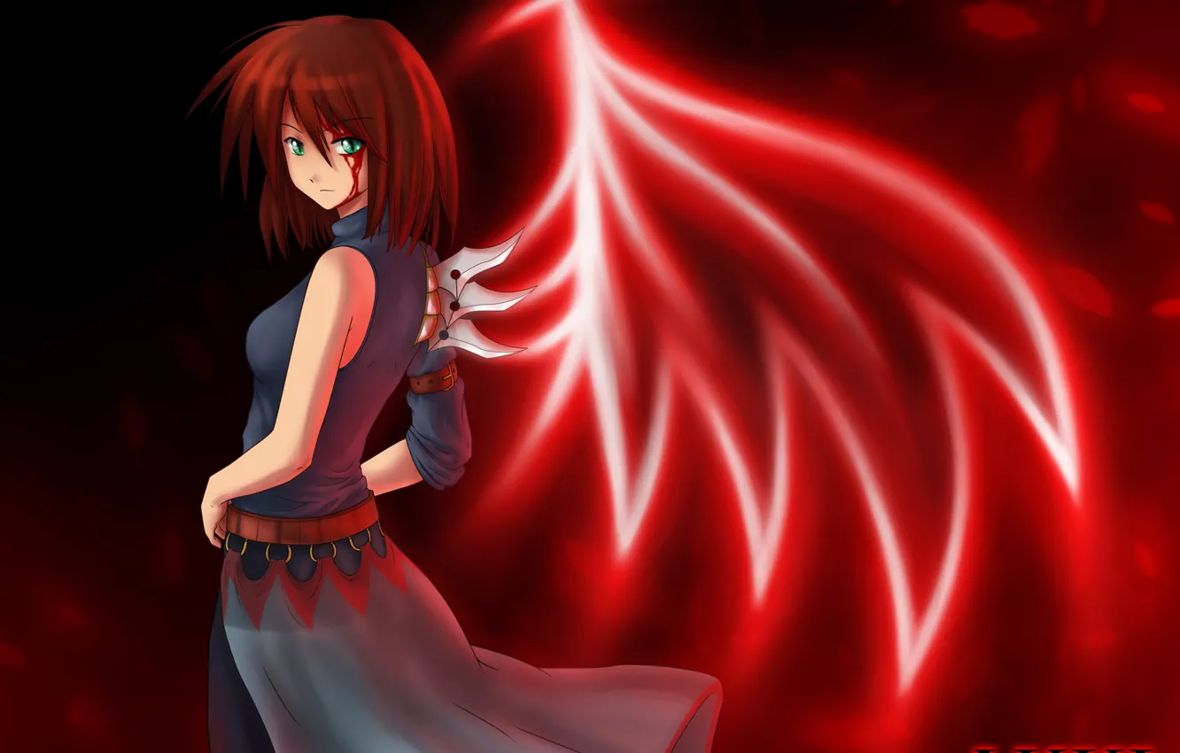 Фото обои листья, девушка, кровь, крылья, аниме, арт, atomix