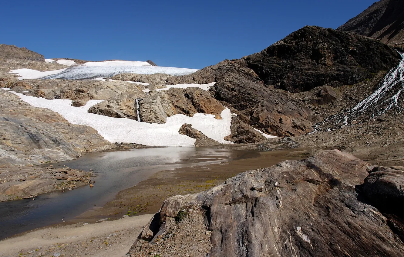 Фото обои вода, снег, горы, река, камни, скалы