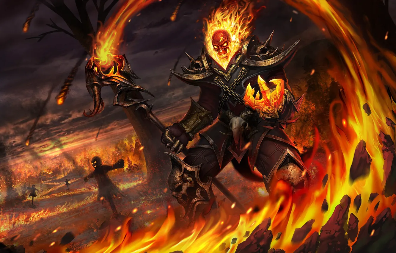 Фото обои огни, фантастика, пламя, череп, доспехи, демон, арт, demon