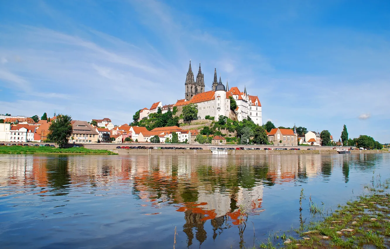 Фото обои отражение, река, замок, дома, Германия, крепость, Germany, Саксония
