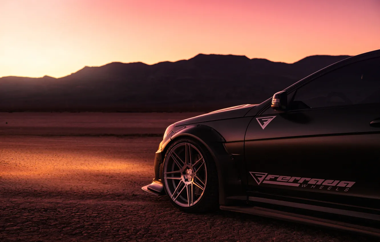 Фото обои черный, пустыня, вечер, Mercedes, автомобиль